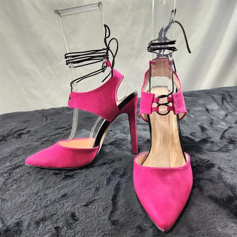 Red Cherry Fuchsia With Black Elastic Wrap Sandals With 4 1/2